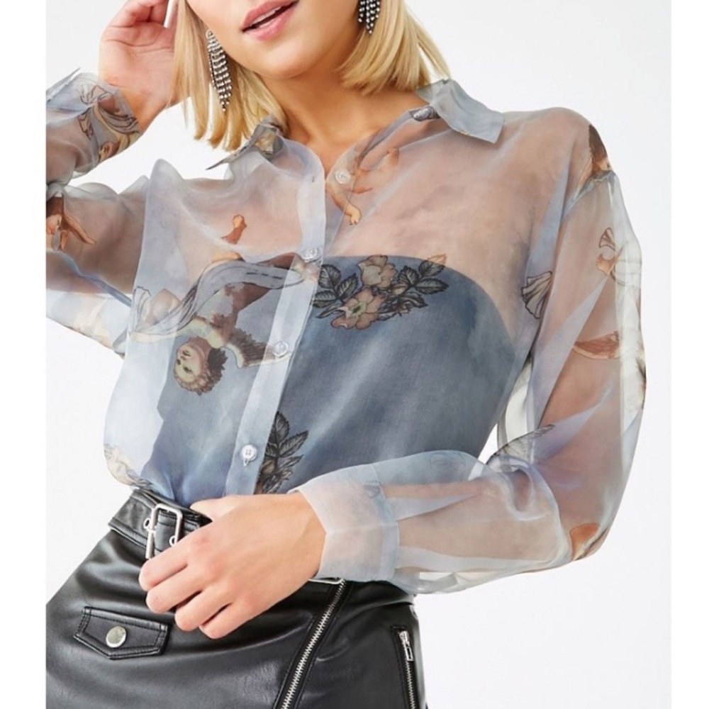 Forever 21 Sheer Angel Print Shirt Party Collection 
SMALL
BLUE/MULTI
NWT